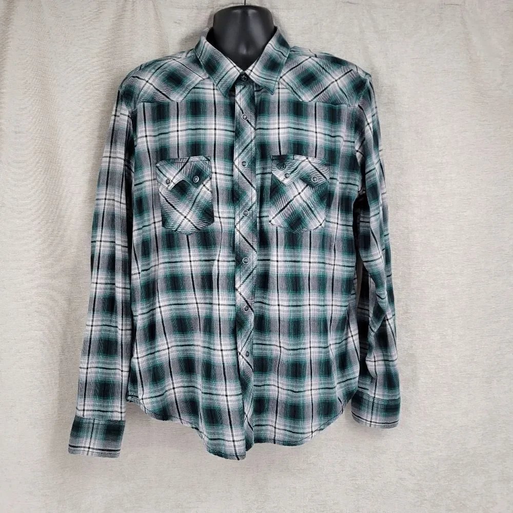 Wrangler Green Black Flannel Long Sleeve Western Pearl Snap Shirt Men's XL